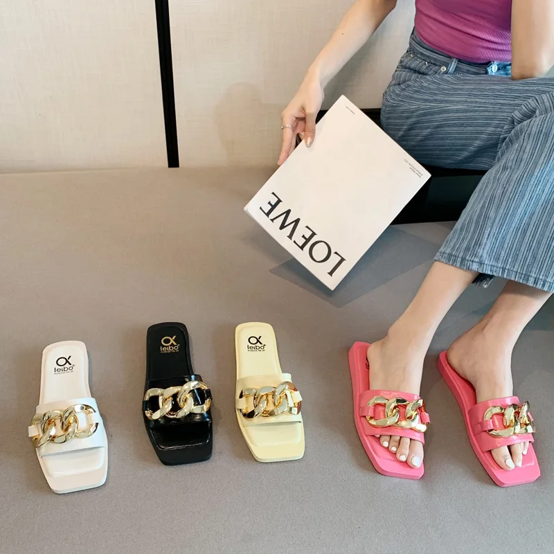 

113227 Brand shoes women summer fashion vintage chain decor penny mules square toe lady padded slippers flats sliders for female