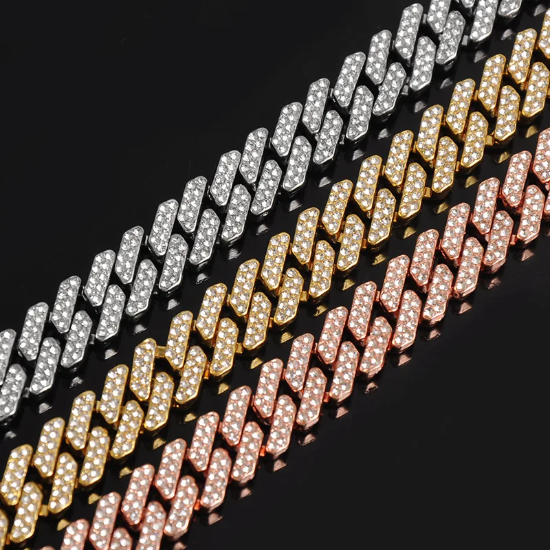 

Hip Hop 12MM Silver Pink Gold Plated Miami Cuban Link Chain Diamond Cuban Men Necklace, Picture shows
