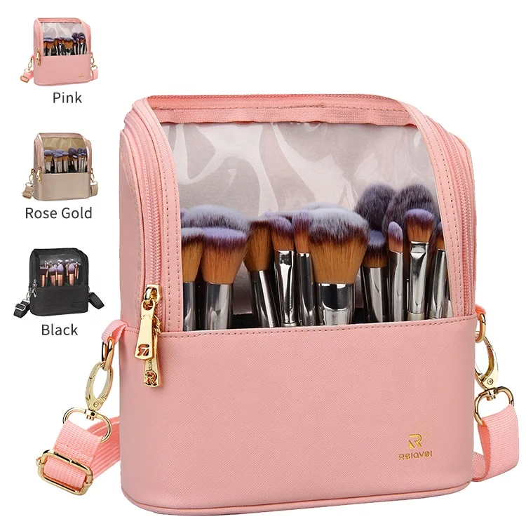 

Relavel Fashion Waterproof Pink Small Detachable Shoulder Strap Travel Square Stand Up Cosmetic Makeup Brush Holder Bag