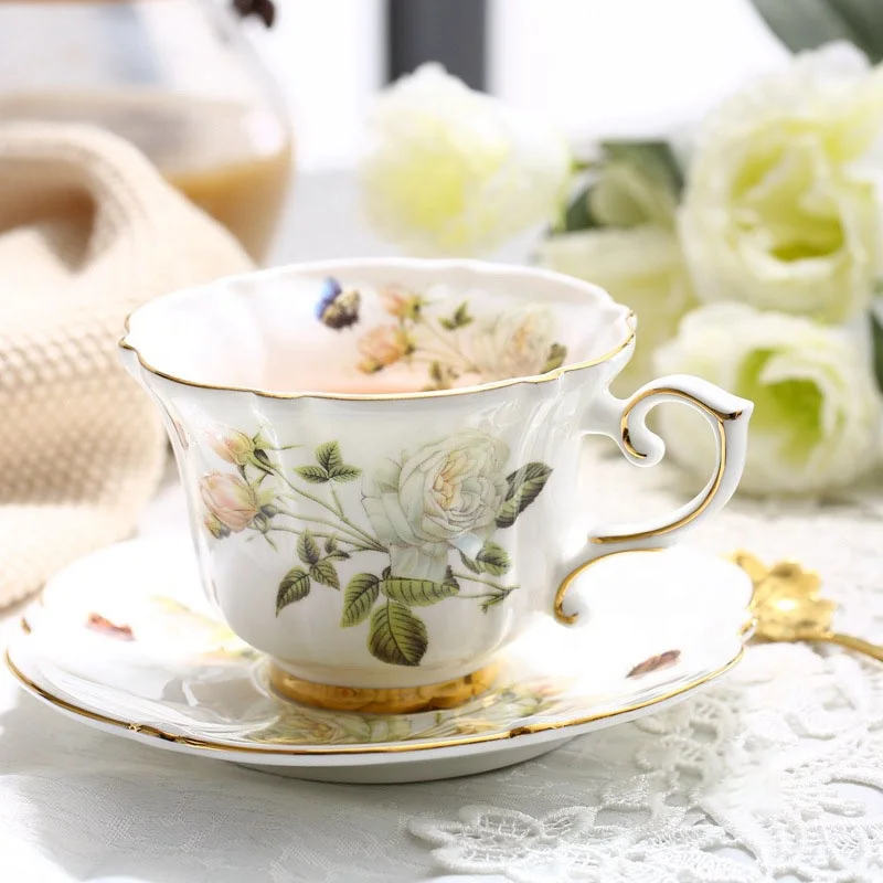 

English Royal Garden Bone China Coffee Cup Teacups Saucer Set Creative Ceramic Floral Pattern Ceramic Afternoon Tea Set, Full decal