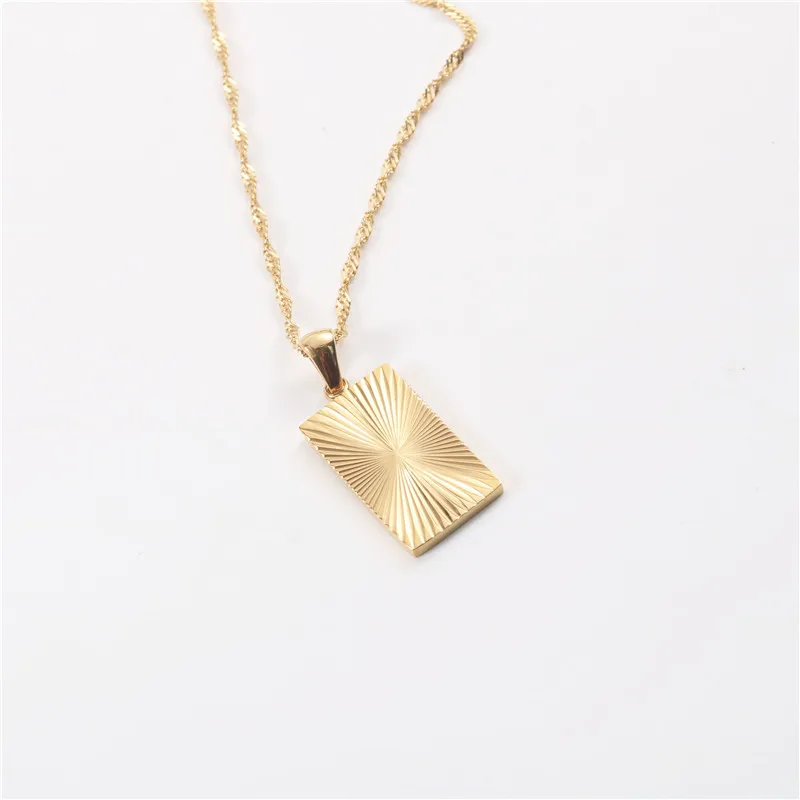 

Modern Women Sunlight Medallio Jewelry Tarnish Free PVD Gold Plated Sunburst Rectangle Pendant Necklace Trendy Necklace