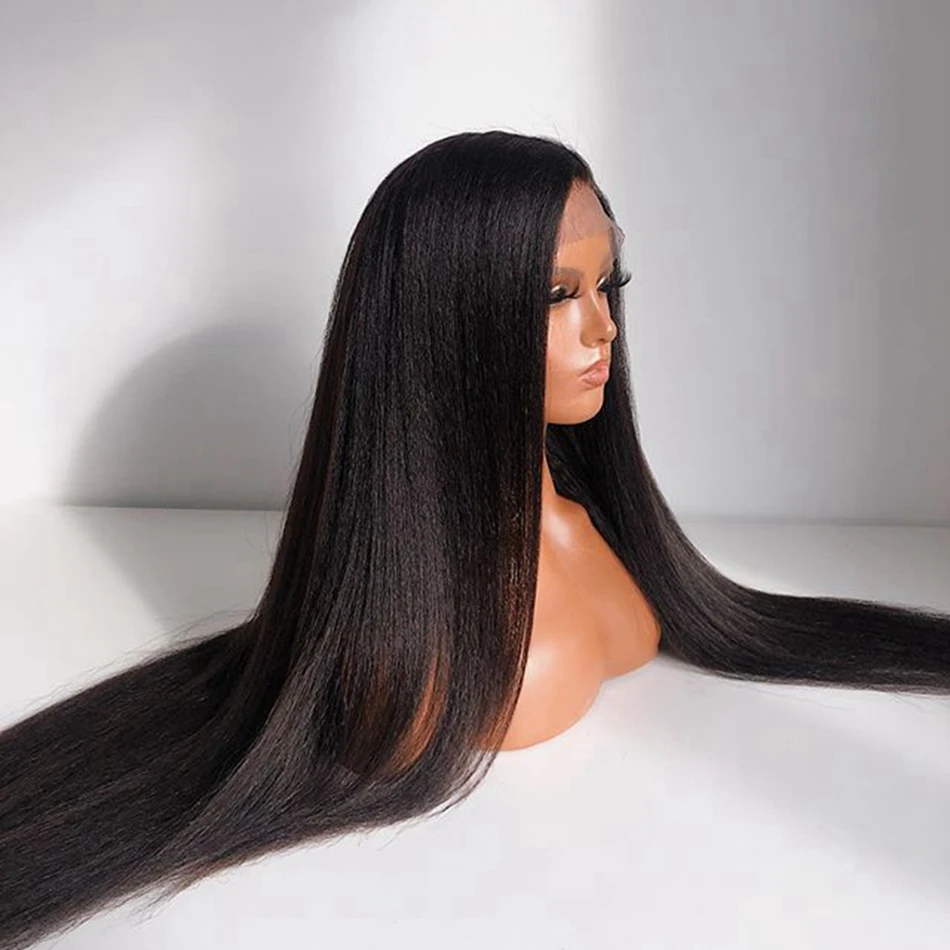 

Cheap Kinky Straight 13x6 Lace Frontal Wigs Pre Pluck Yaki Straight Brazilian Remy Human Hair Swiss Lace Front Wig For Women