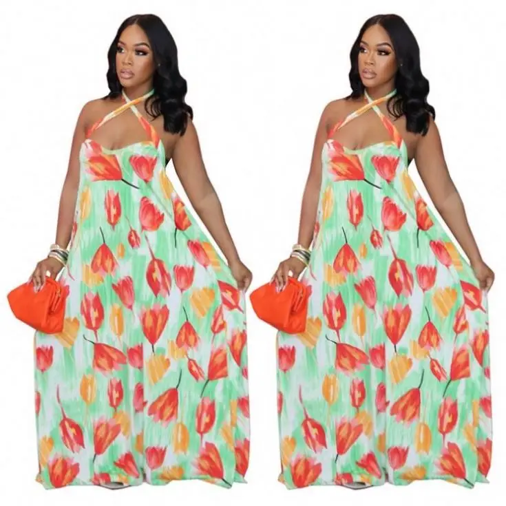 

CK Women Fashion Clothing Halter Backless Long Floral Summer Dress 2021 Casual Printing Maxi Long Loose One Piece Sun Dress