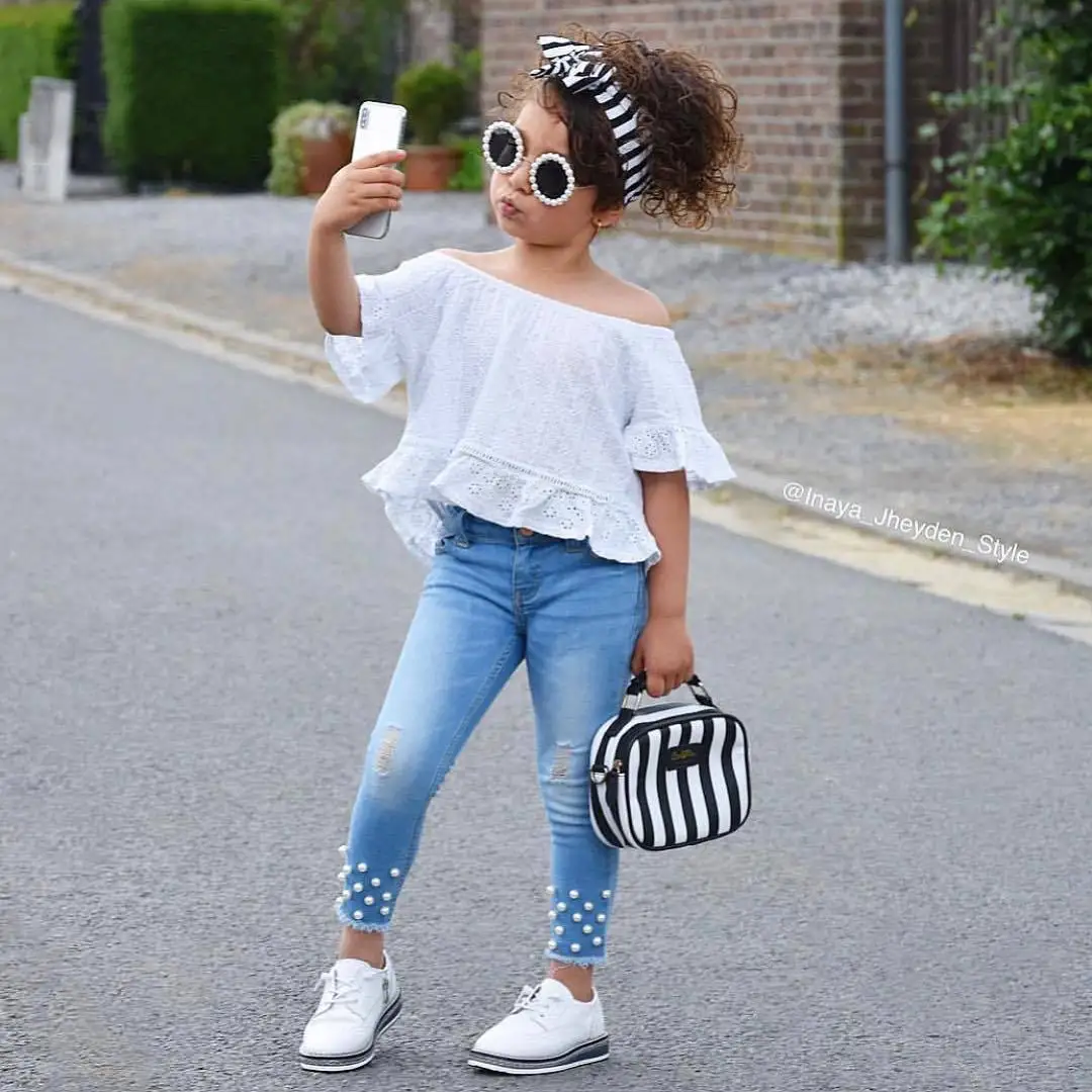 

kids 2021 summer clothing boutique clothing kids white short sleeve T shirt kids jean set summer girls clothes