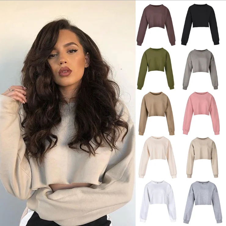 

2020 fall new arrival hoodies top for women casual short hoodie crop top long sleeve women pullover top sweatshirts, Solid