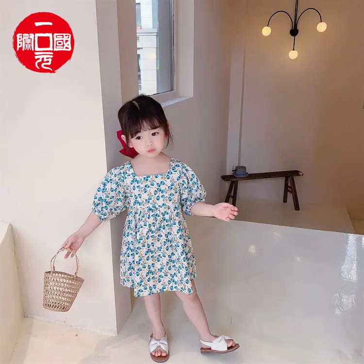 

Girls floral dress square neck puff sleeve western princess dress