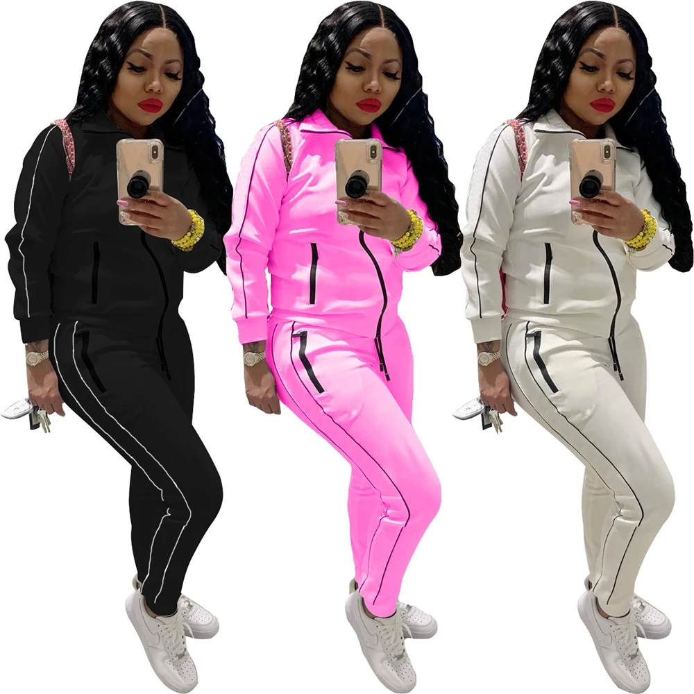 

Zipper stitching fashion sports and leisure two piece sets sweatsuit women jogging suits fall 2021 women clothes, Pink/black/milky