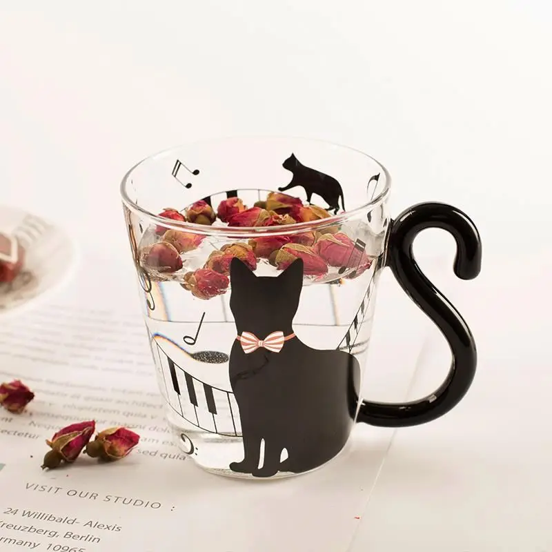 

wholesale art vacuum reusable borosilicate single wall cat glass cup with handle