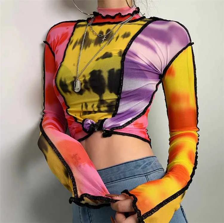 

2021 Hot Sale High Neck Colorful Printing Bodycon Long Sleeve Women T Shirt Tops For Ladies