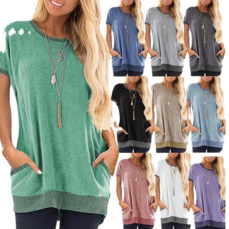 

Summer Womens Neck Color Matching Pocket Top Short Sleeve T-shirt