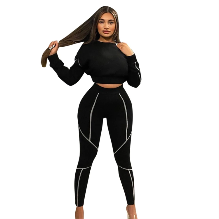 

Autumn New Style Fashion Casual Long Sleeve Crop Tops Solid Color Sweatsuit Women 2 Piece Pants Set