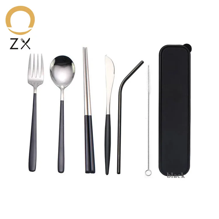 

stainless steel black fork spoon knife straw chopstick travel cutlery set with box for lunch