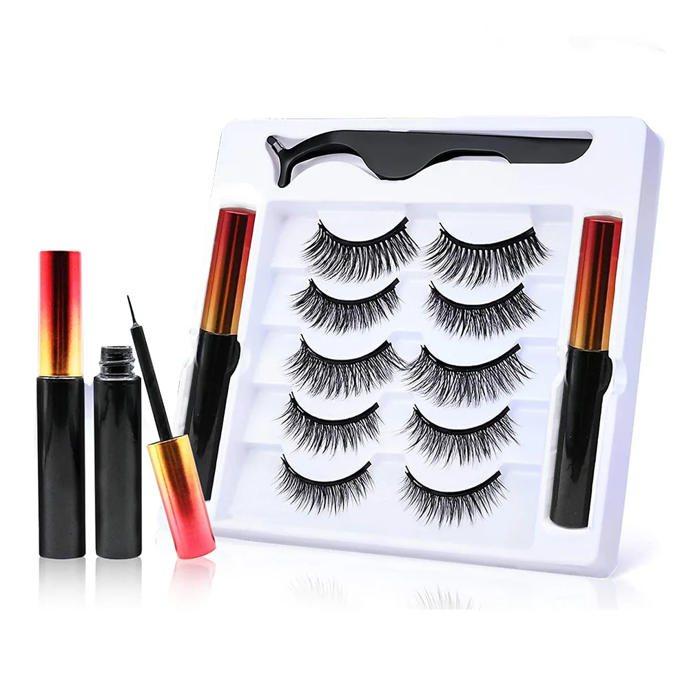 

Invisible Band 2021 Factory Selling Synthetic Fiber 5 Pairs 3D Magnetic Eyelashes With Liquid Eyeliner Tweezers Set, Black color