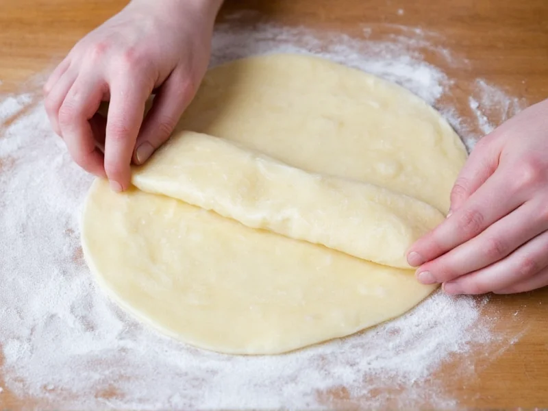 Hand-rolled dumpling wrappers on floured surface