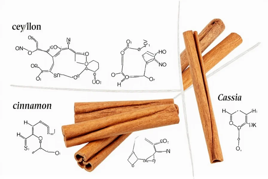 Scientific illustration comparing Ceylon and Cassia cinnamon sticks with molecular structures of active compounds