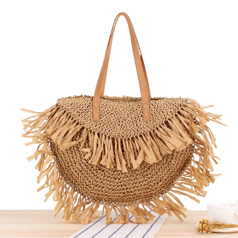 

Wholesale summer beach straw bags tassel paper grass handbags women clutch, 2 colors availale