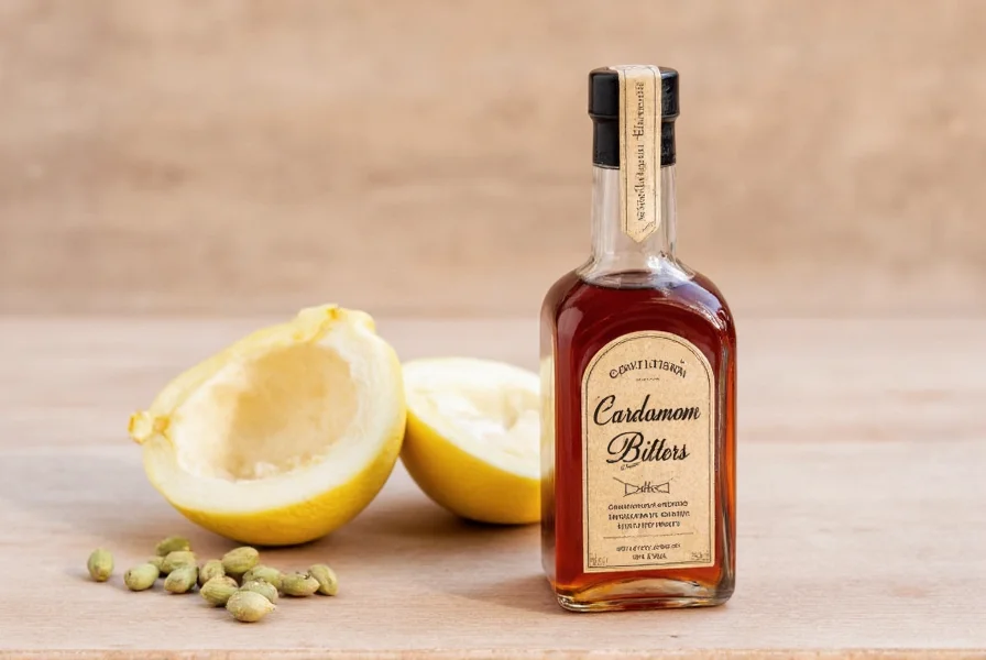 Step-by-step process of making homemade cardamom bitters showing ingredients, steeping process, and final product