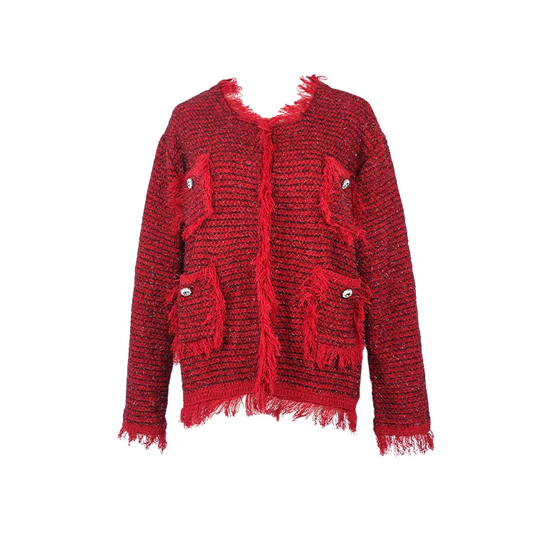 

Coat Office lady Open Front Premium Tweed Fabric Blazer Collarless Tassel Women Jacket Fashion Red Plaid Coats Woman
