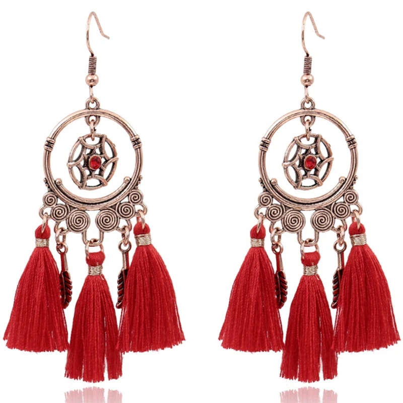 

2020 New Designs Vintage Bohemian Style Cotton Rope Thread Red Tassel Pendant Girls Boho Earrings For Women, Color plated as shown