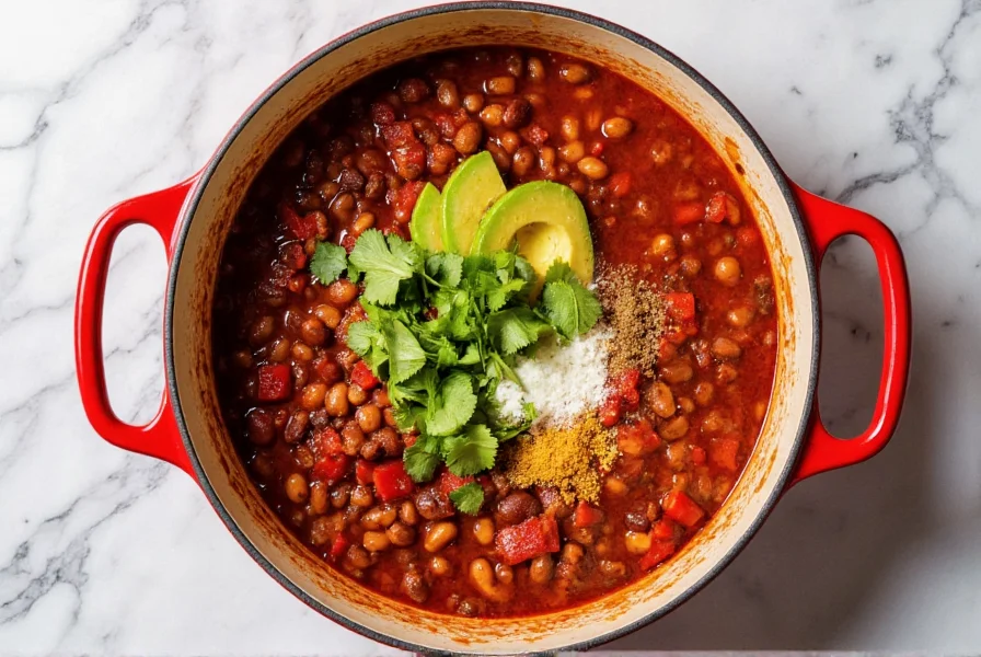 Easy vegan chili recipe in a pot with beans, tomatoes, and spices, ready to serve with avocado and cilantro
