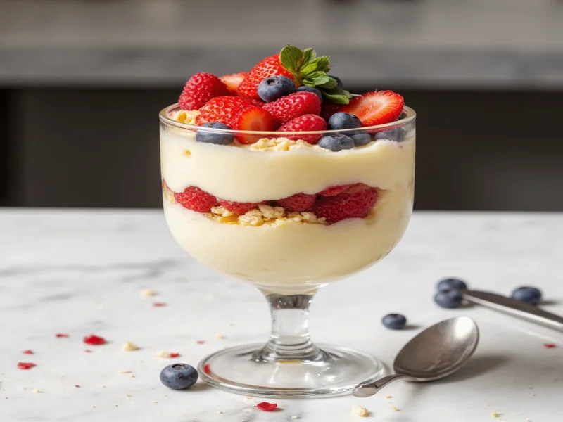 Vanilla pudding parfait in glass with berry layers