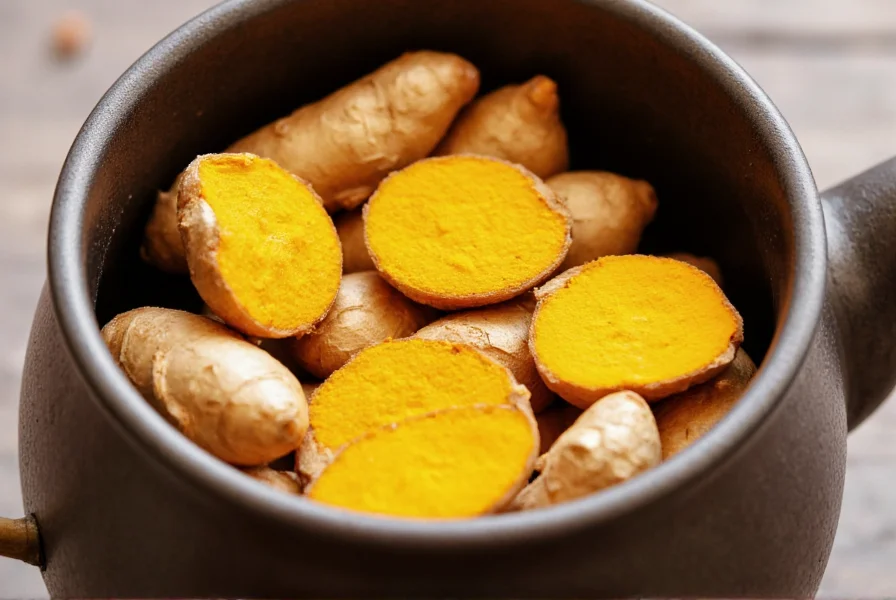 Fresh ginger root and turmeric rhizomes with sliced pieces in a teapot