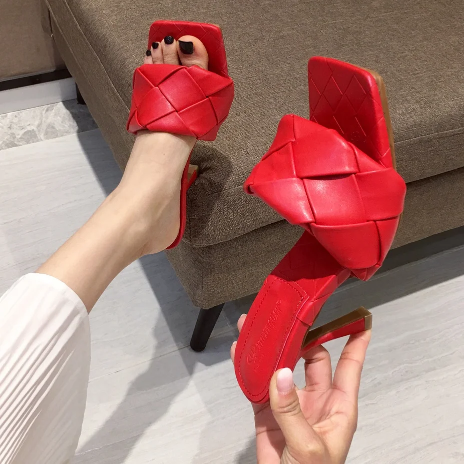 

Braiding Design Solid Women Thin High Heel Sandals Summer Square Open Toe Women Slides Shoes, Black,white,red,blue,orange,apricot