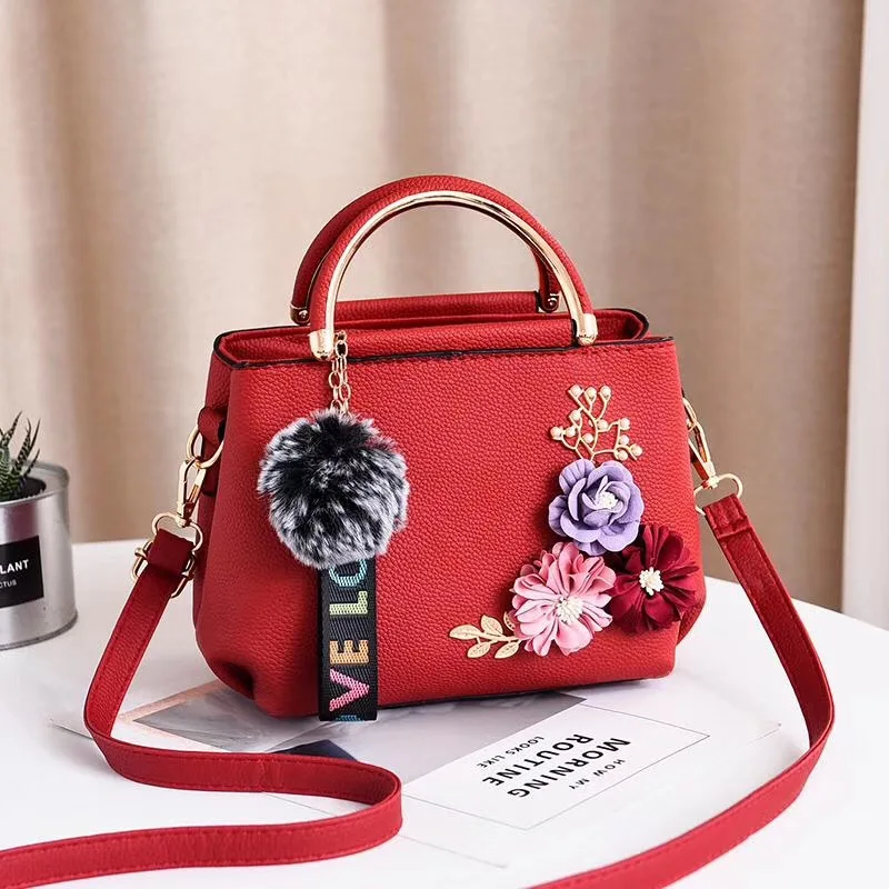 

Fashionable New Style Women's Bags PU Leather Messenger Bag One-Shoulder Diagonal Embroidery Handbag With Gift Hair ball