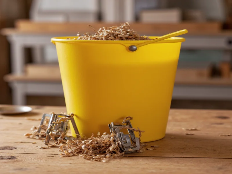 Bucket mouse trap materials on wooden table