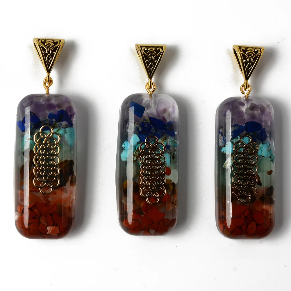

PandaHall Chakra Theme Rectangle Epoxy Resin Inside Gemstone Pendants, Mixed color