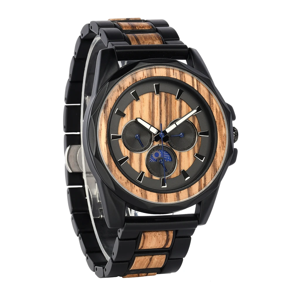 

Low Moq Minimalist Chronograph Montre En Bois Recycled Moon Phase Waterproof 2022 Wood Watch