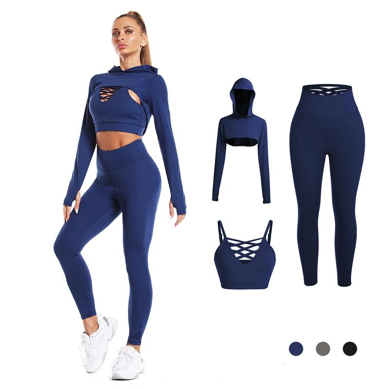 

Wholesale ladies knitted activewear gym fitness clothing women 3 piece worikout set