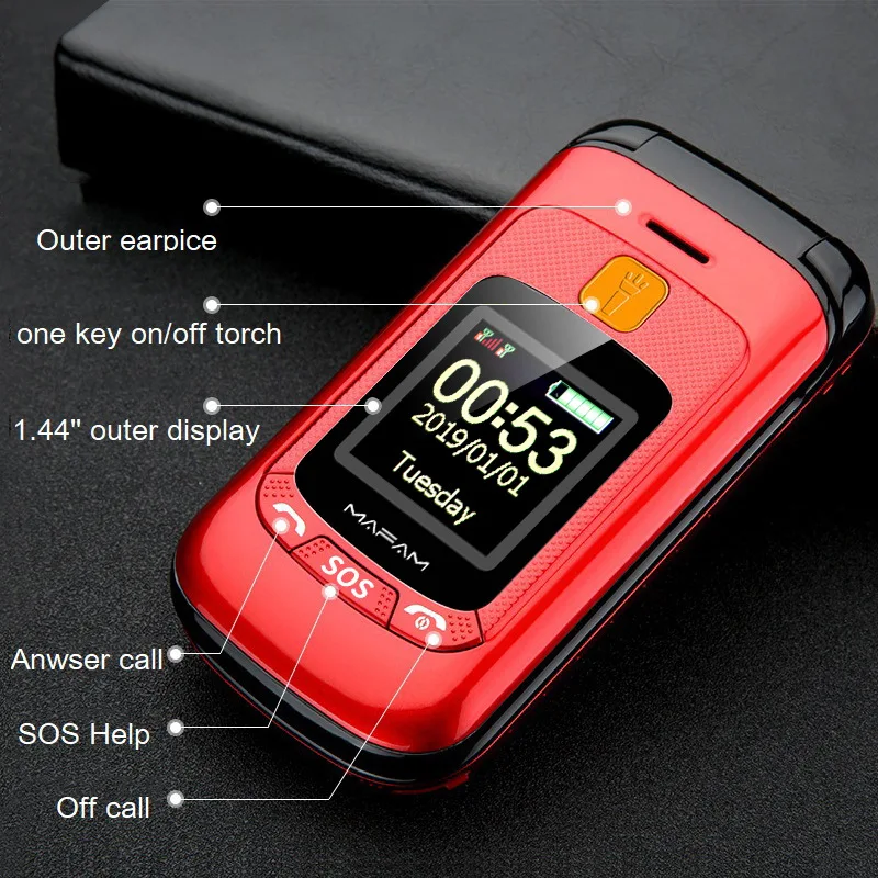

2G f899 sos call cell phone touch screen big font MP3 big torch large key Camera BT function sos button flip phone, Black/red