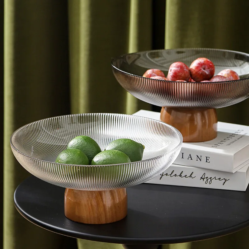 High-grade Eco-Friendly Bamboo Glass Modern Coffee Table Ornaments Household Simple Large Capacity High-foot Fruit Plate Color