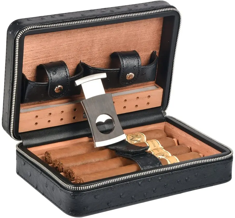 

Portable Travel Humidor with Cigar Cutter 4 Cigars Cigar Leather Case, Black