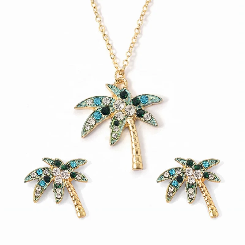 

Coconut Tree Leaf Necklace Earring Set Fashion Green Cubic Zirconia Charm Sea Breeze Pendant Women's Party Jewelry