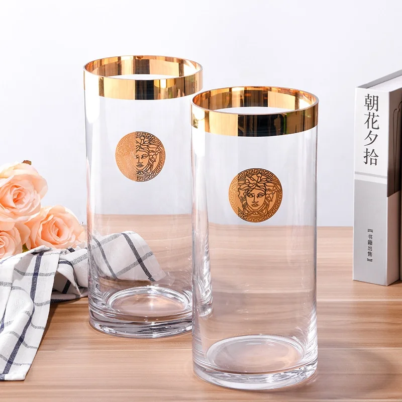 Nordic gold glass vase living room straight flower arrangement transparent dry flower decorative glass vase