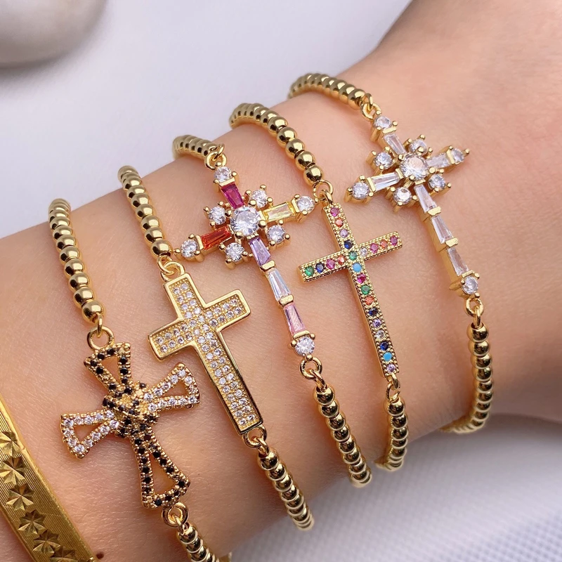 

24K Gold Filled Sideways Jesus Cross Charm Stretch Adjustable Beaded Ball Cross Bracelets