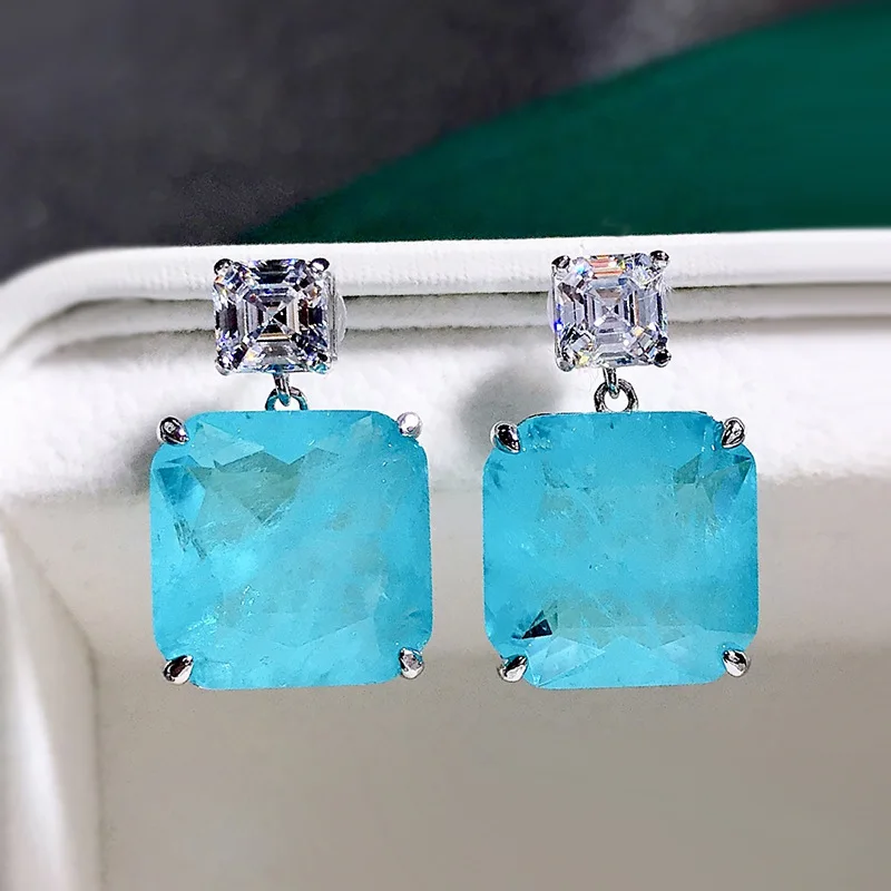 

2023 S925 Sterling Silver Blue Retro Square Diamond Jewelry Wedding Earrings For Women