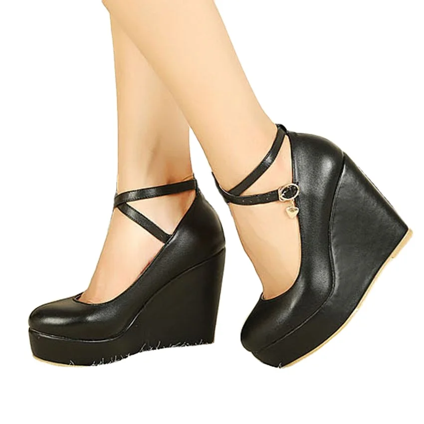 

Black Ankle Strap Round Toe Platform High Heels Wedge Pump Shoes Daily Platform Wedge Shoes Heels