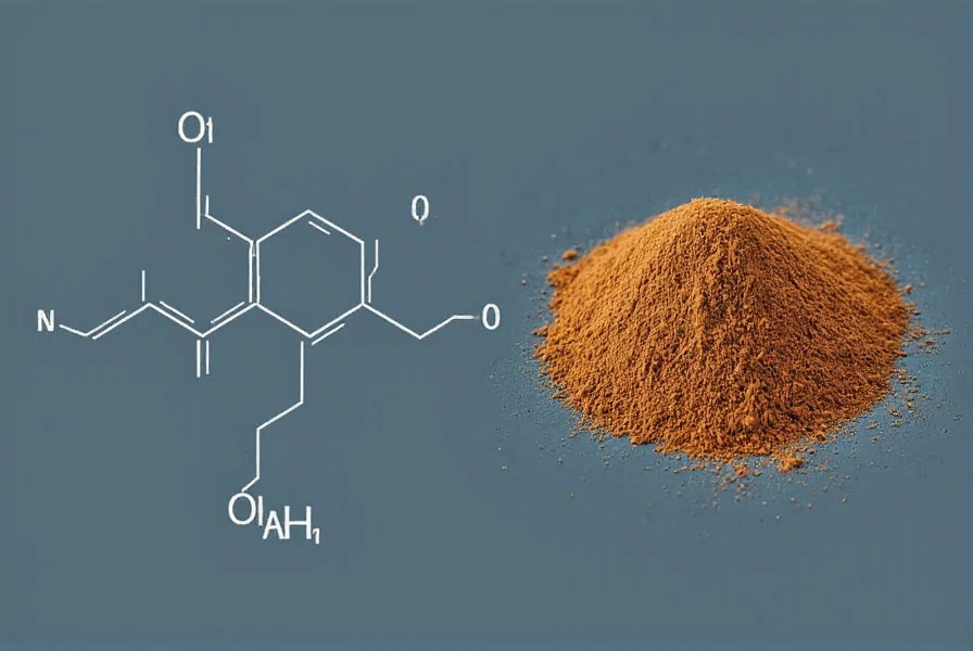 Scientific illustration showing molecular structure of cinnamaldehyde, the primary active compound in ground cinnamon