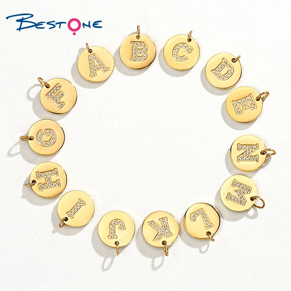 

26 A-Z Disc Real Gold Plated Stainless Steel CZ Inlay Initial Letter Alphabet Pendant Charms for Necklace Making