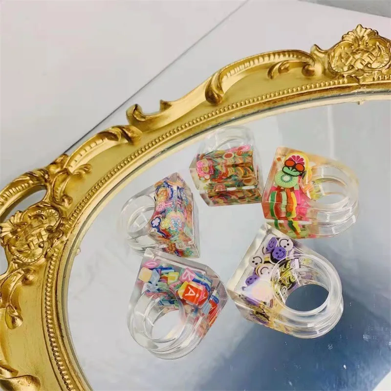

R-404 New Design DIY Colorful Fashion Cute Resin Rings Dried Flowers Fruit Printing Ring Jewelry Women Craft Gift