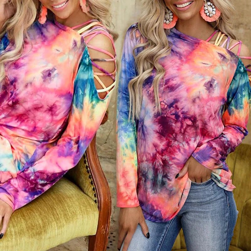 

Factory direct sales hot style tie-dyed long sleeves off-the-shoulder ladies set
