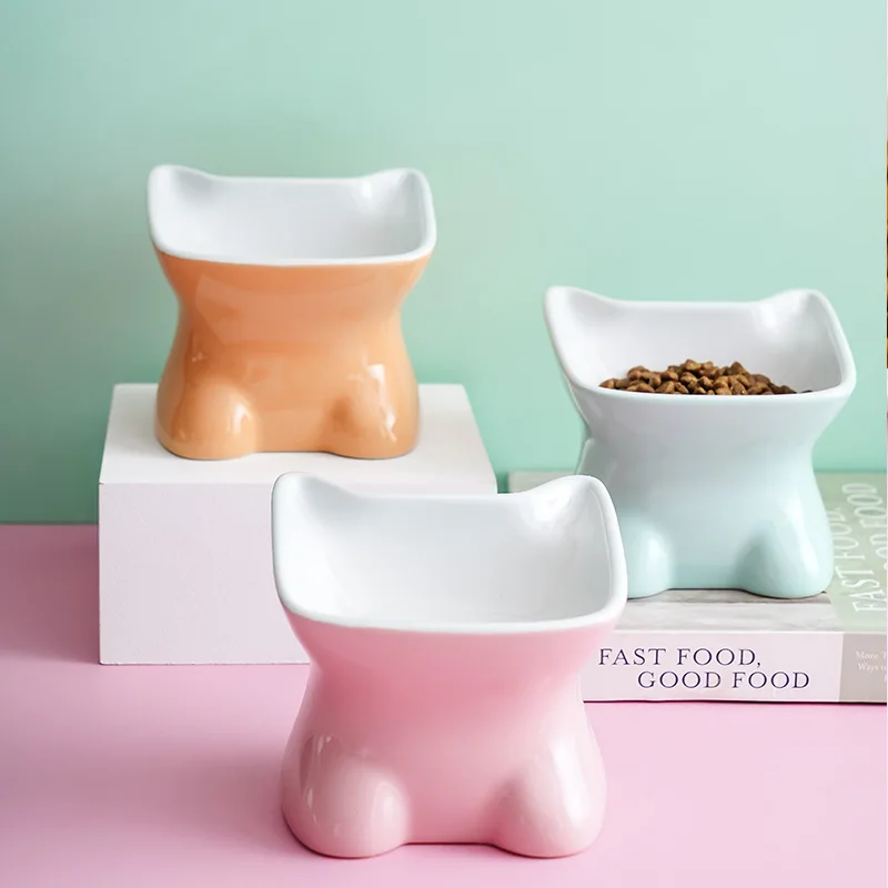 

Cute Cat Shape Inclined Neck Protect Raised Ceramic Pet Cat Bowl, Sku01-sku03