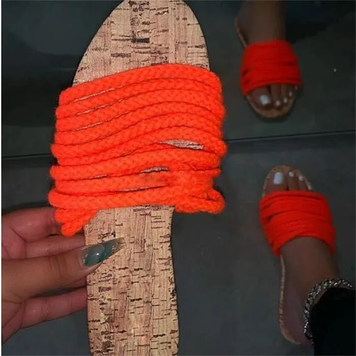 

2021 summer ladies plus size slippers solid color rope flat slippers