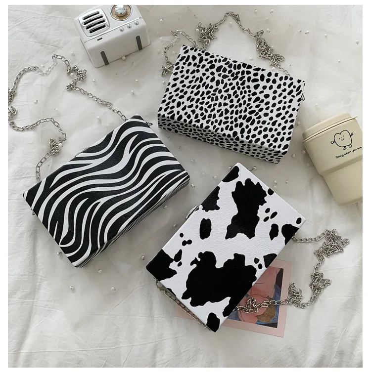 

women Popular Simple Female Daily chain crossbody bags Milk zebra box handbags cow print hand bag, As picture