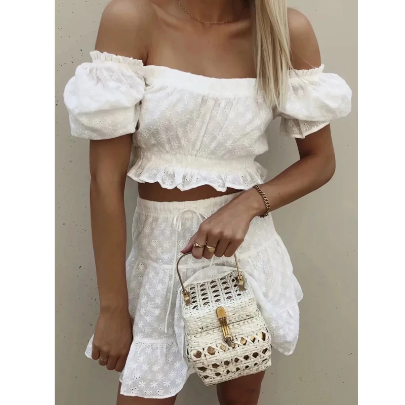 

Anglaise cotton eyelet embroidered ruffle crop tops and A line mini skirts, White
