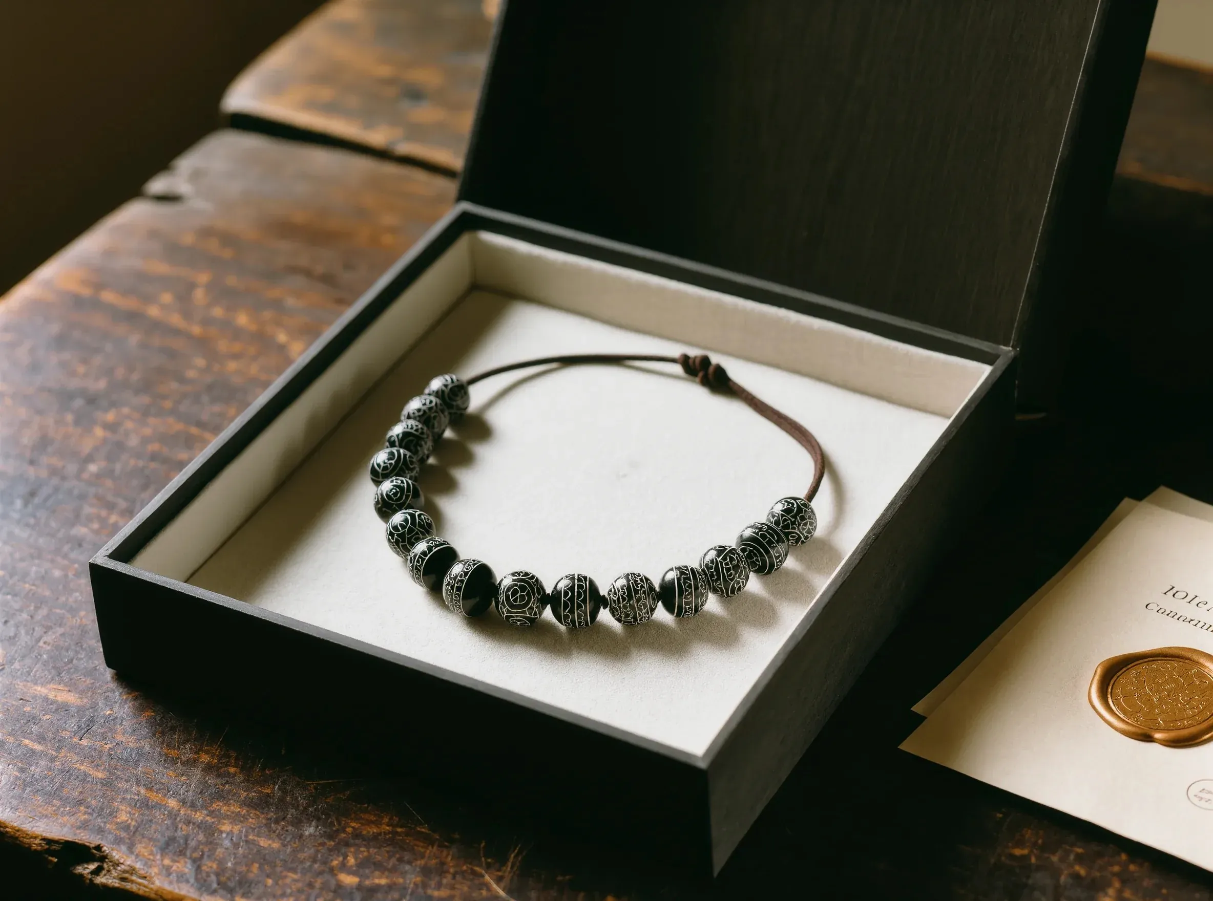 A ritualistic representation of Sovereign Stillness Jewelry Delivery: Handcrafted Dzi bead necklace in a custom archive vessel with a golden seal.