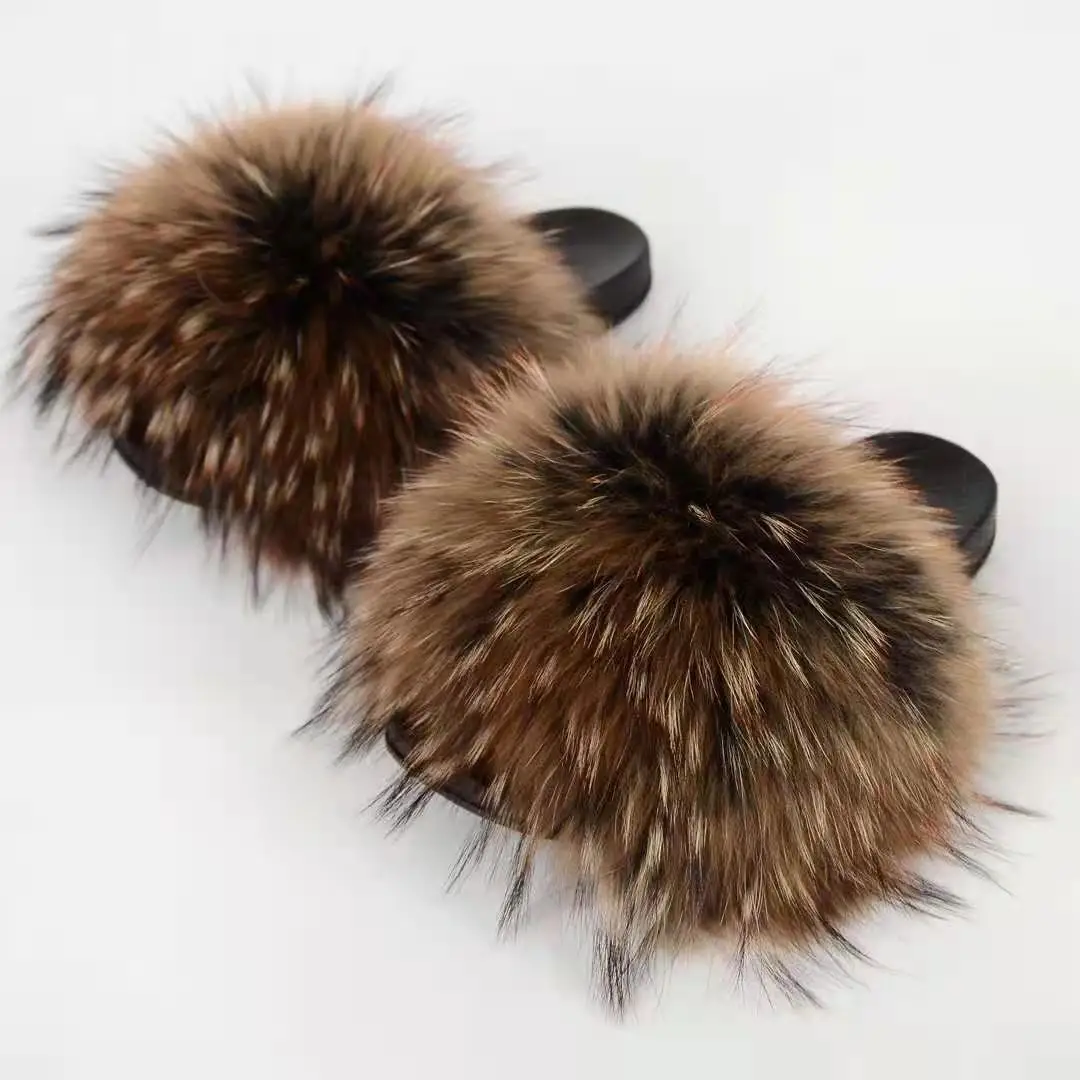 

Wholesale Soft Fox Raccoon Toddler Baby Kids Fur Slides Real Fur Slippers for women and baby, Picture